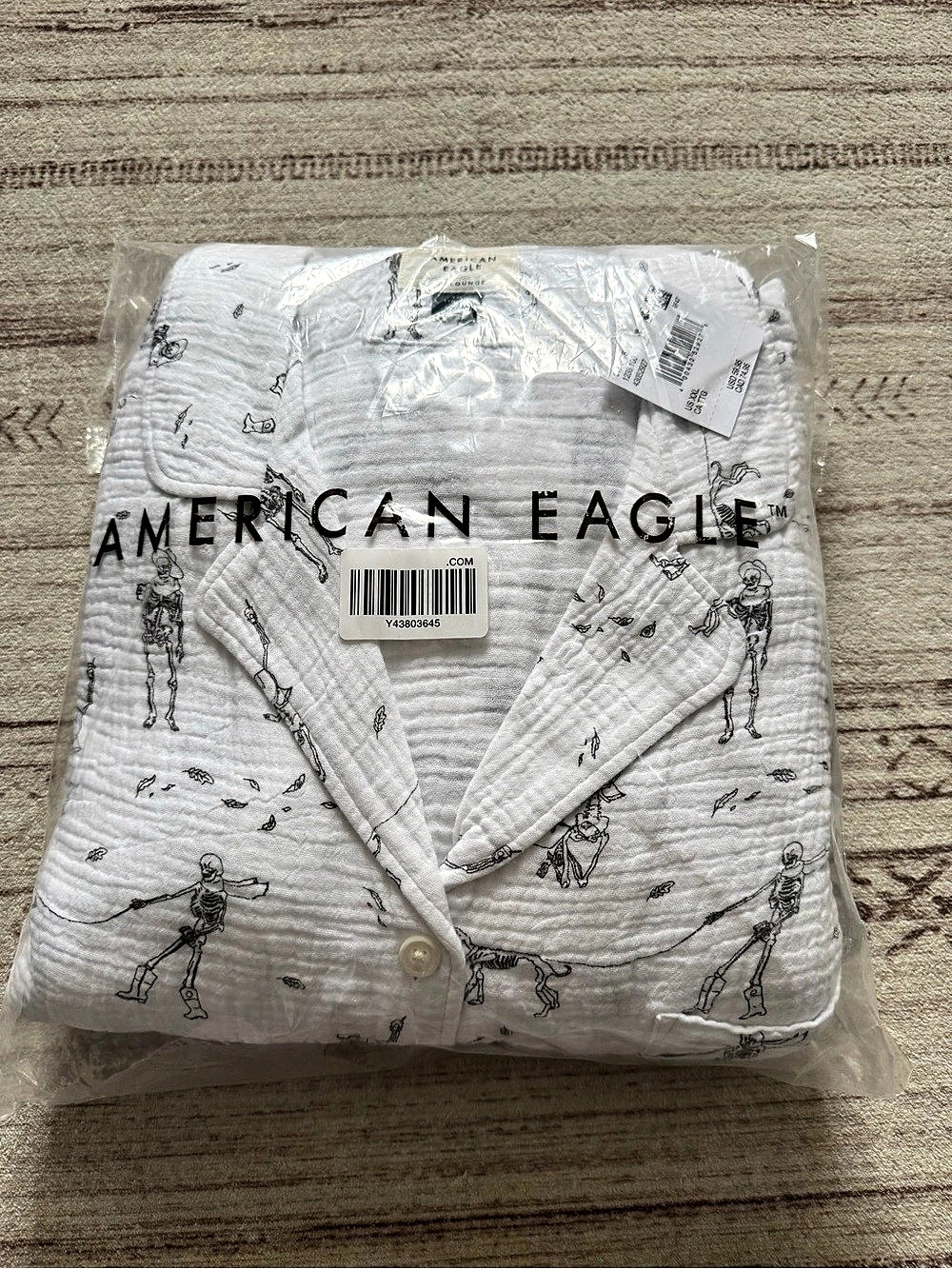 American Eagle Halloween Cotton Gauze Long Sleeve Pant PJ Set White & Black